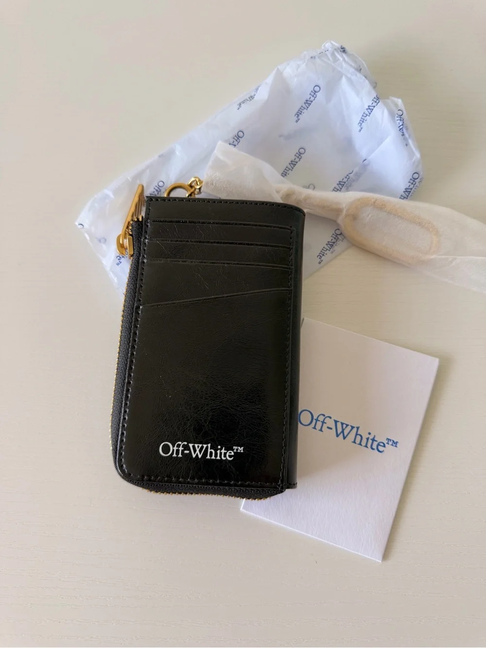 New Off-White Black Keychain Wallet, Leather Zip Card Pouch with Gold Zipper